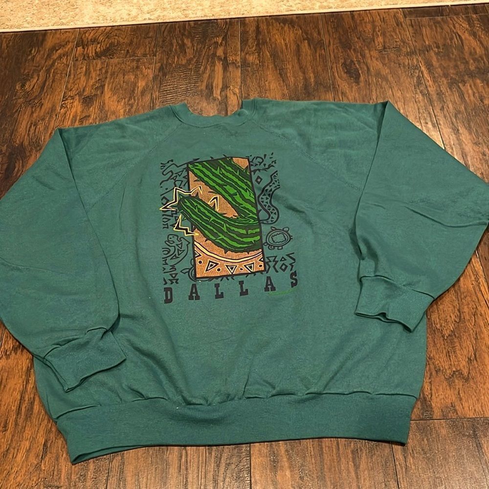Vintage Dallas Texas Cactus Graphic Crewneck Raglan‎ Sweatshirt Teal Adult Sz XL